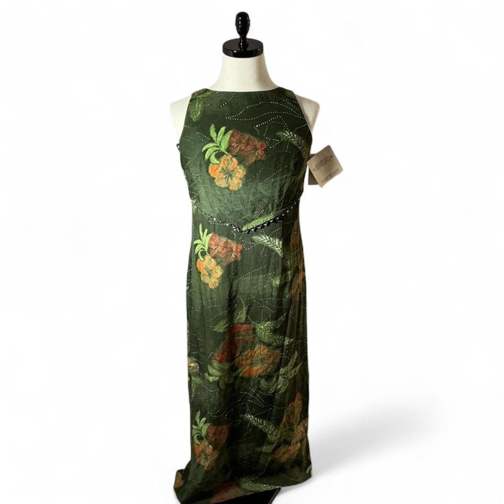 CDC Rampage Tropical Floral Maxi Dress Womens 10 Olive Green Beaded Boho Summer
